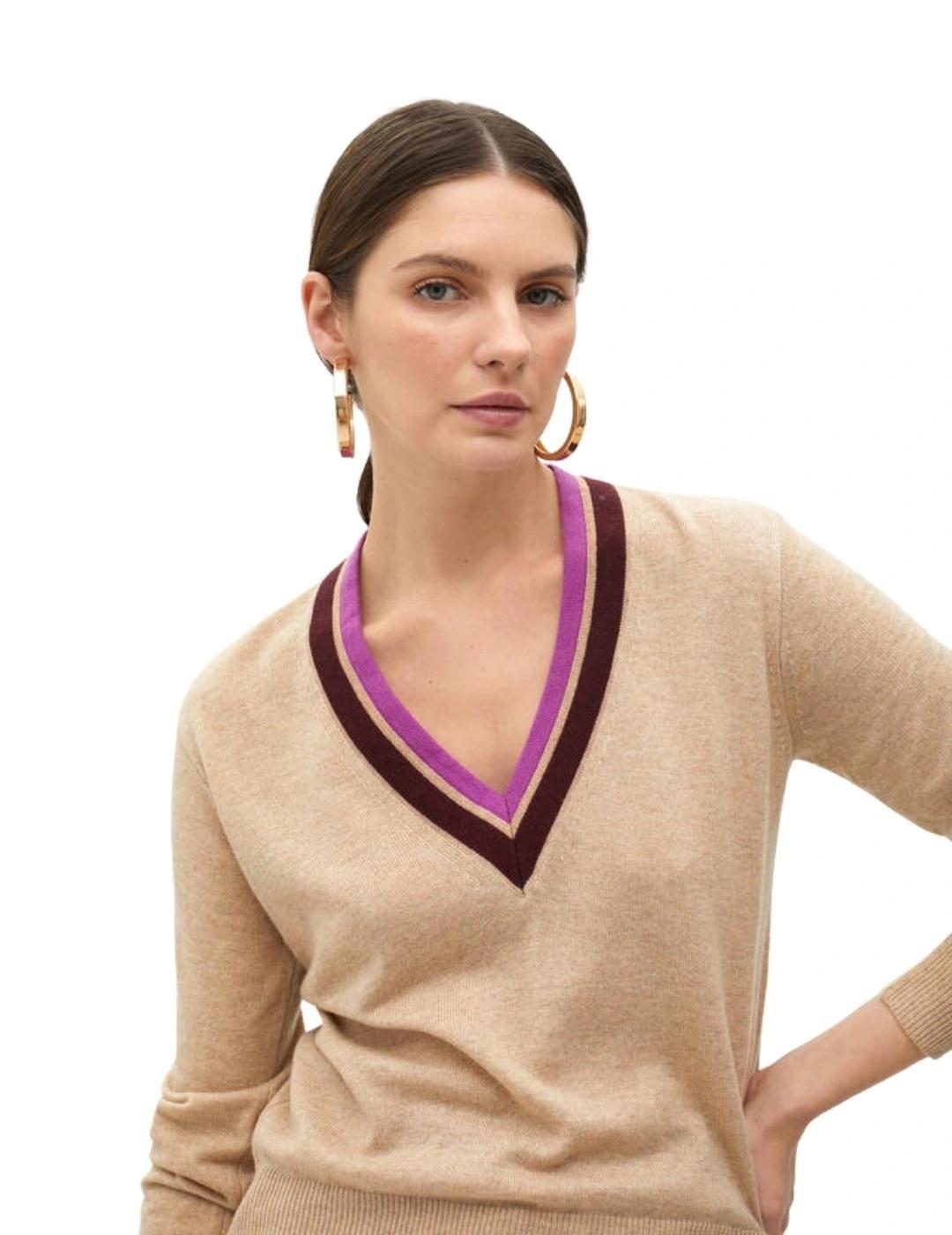 Lola Casademunt Jersey Cuello Bicolor Crudo Rosa