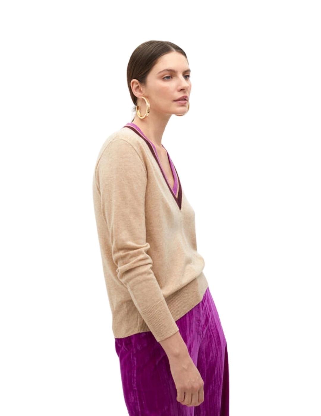 Lola Casademunt Jersey Cuello Bicolor Crudo Rosa