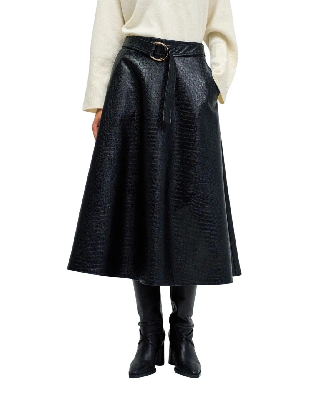 Salsa Falda Midi Efecto piel con cinturón Negra