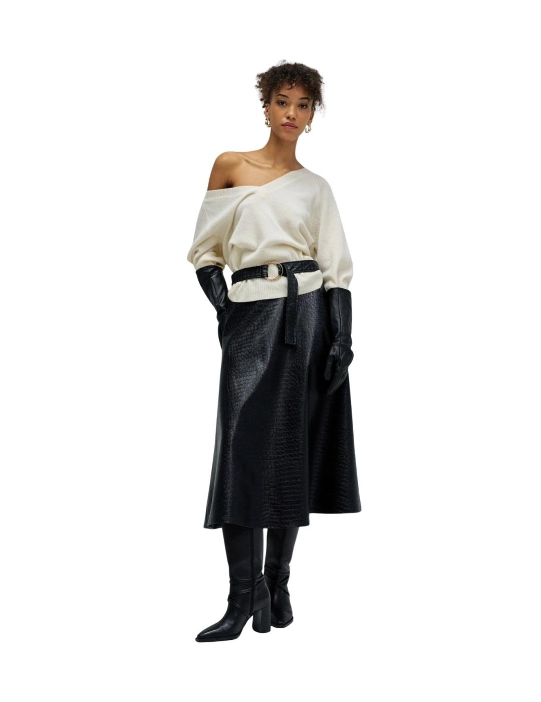 Salsa Falda Midi Efecto piel con cinturón Negra