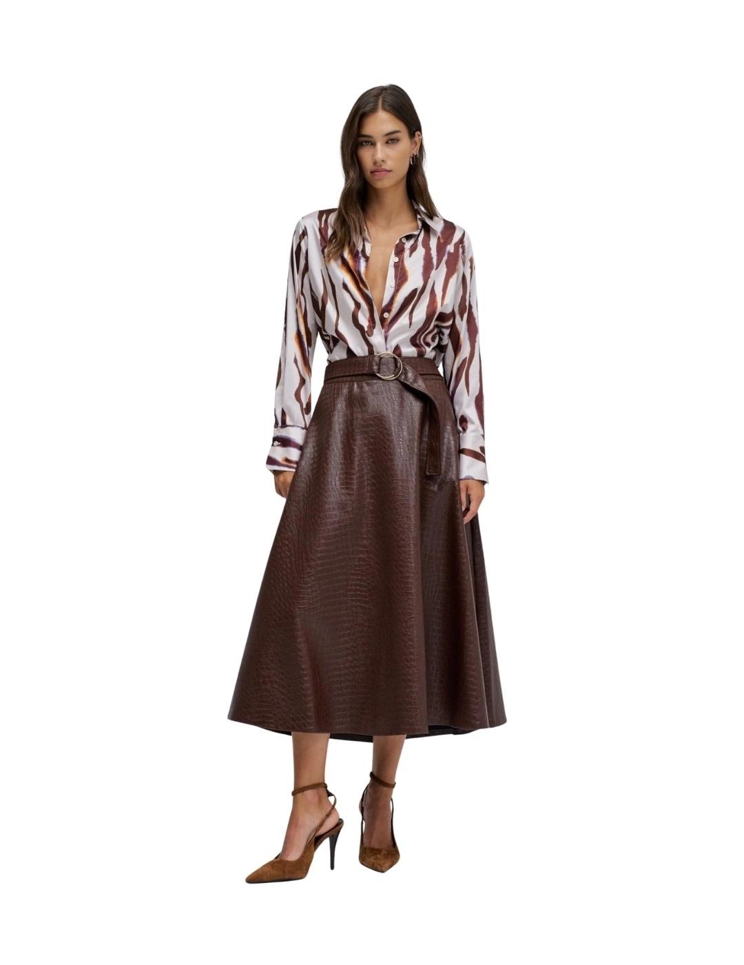 Salsa Falda Midi efecto piel con cinturón Marrón