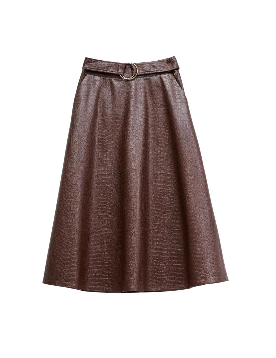 Salsa Falda Midi efecto piel con cinturón Marrón