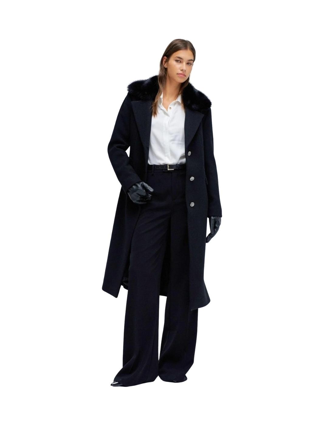 Salsa Abrigo de paño con cuello de pelo Negro