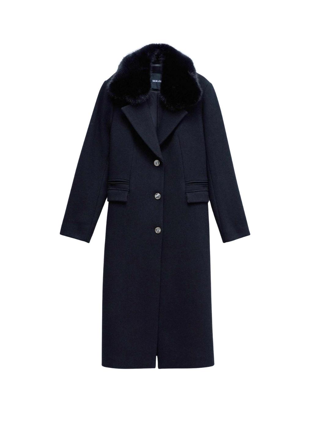 Salsa Abrigo de paño con cuello de pelo Negro