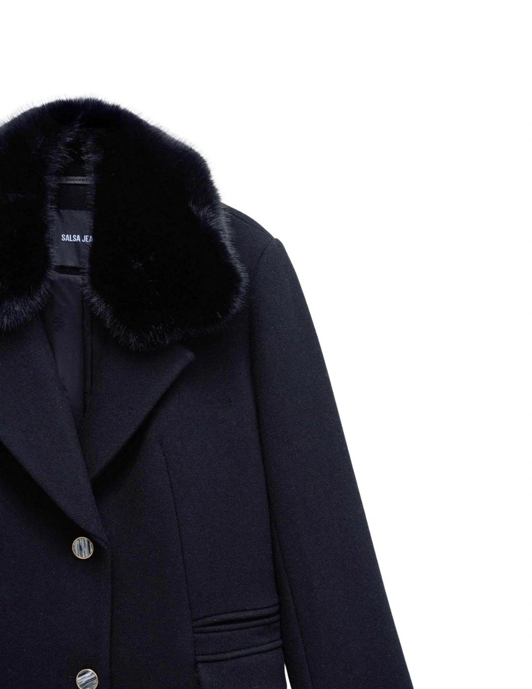 Salsa Abrigo de paño con cuello de pelo Negro