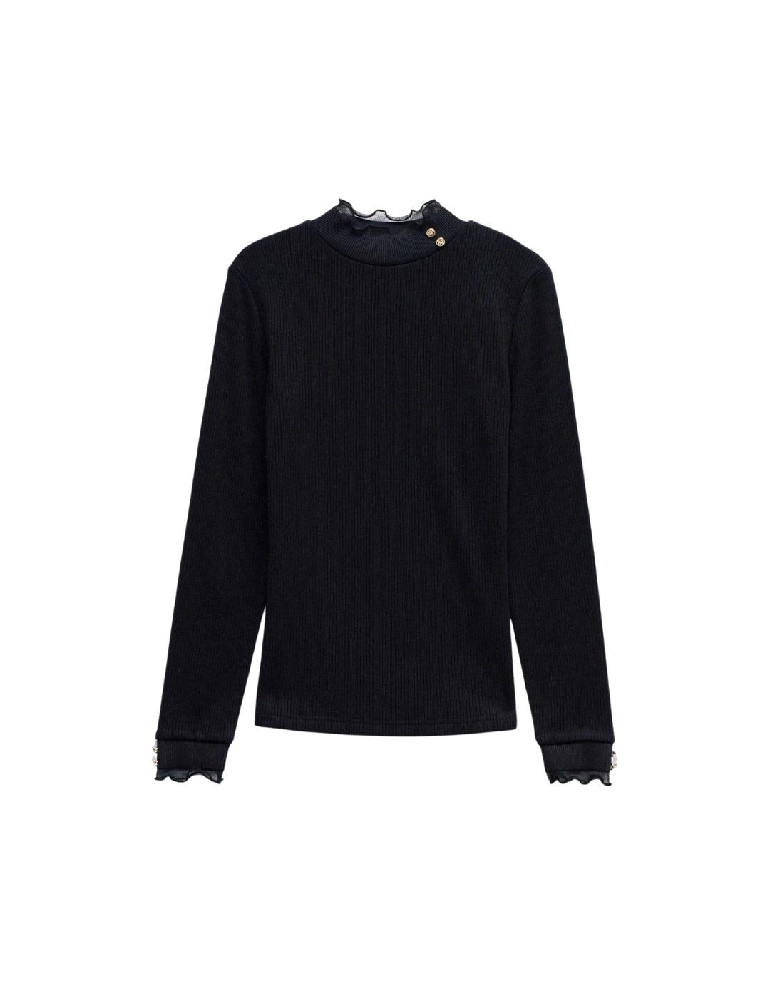 Salsa Jersey de punto con cuello de tul Negro