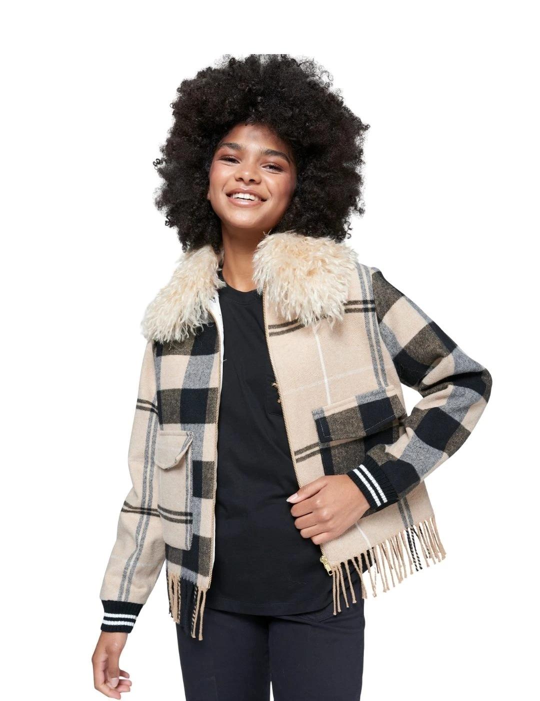 Vilagallo Chaqueta Bomber Cuadros Camel Flecos