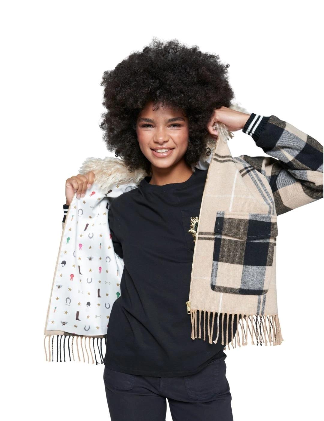 Vilagallo Chaqueta Bomber Cuadros Camel Flecos