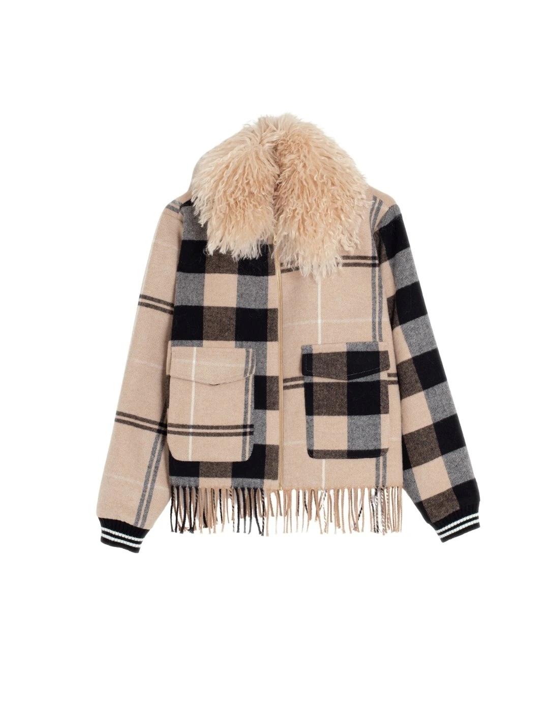 Vilagallo Chaqueta Bomber Cuadros Camel Flecos