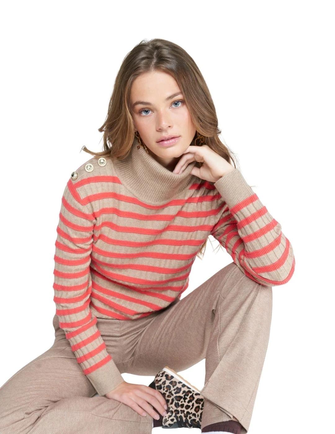 Vilagallo Jersey Cuello vuelto Botones Beige Rojo