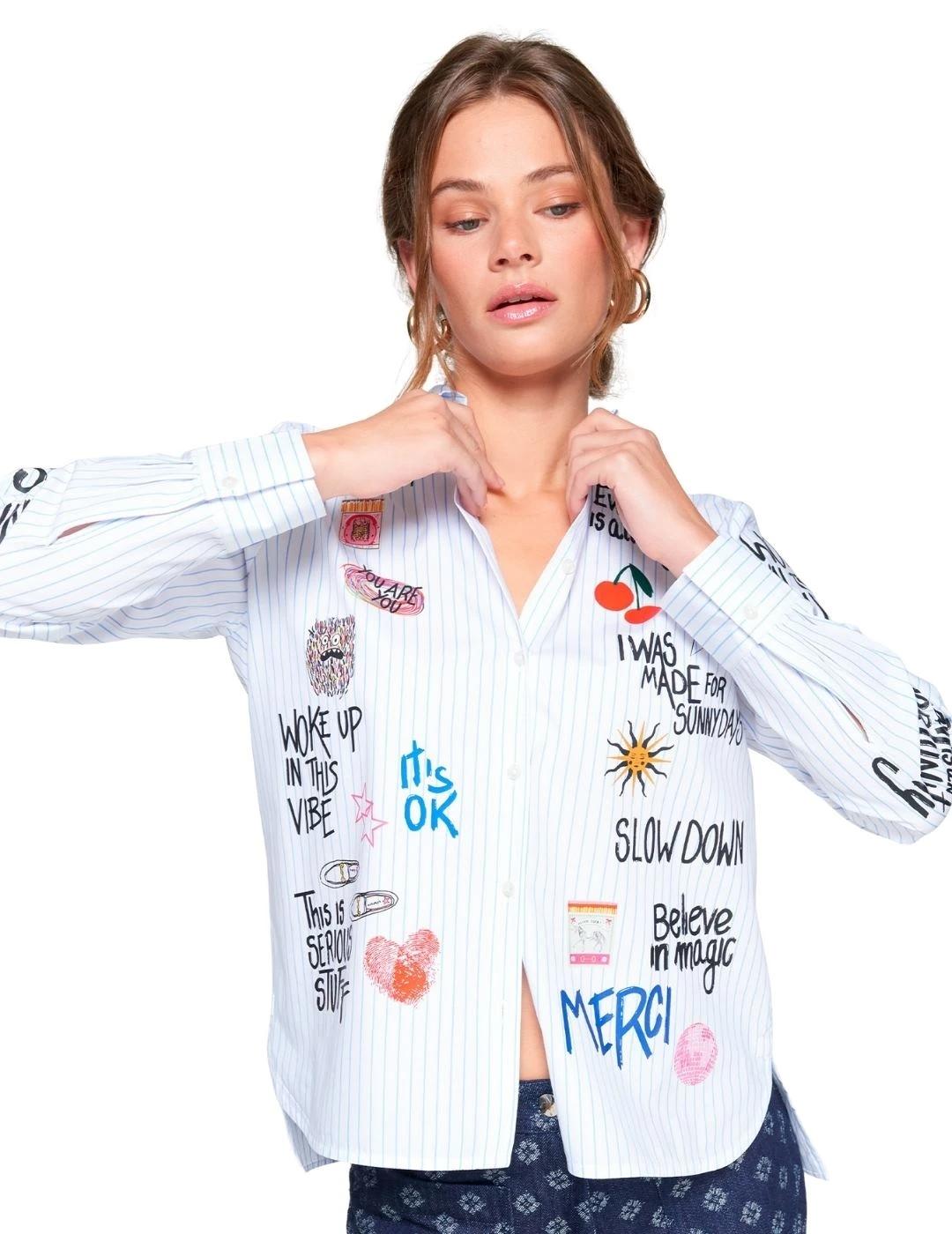 Vilagallo Camisa Isa Graffiti Blanco raya Azul cla