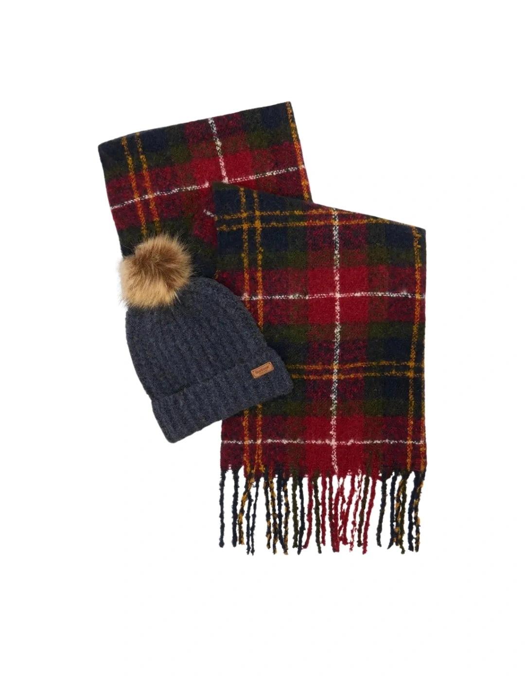 Barbour Bufanda y Gorro Saltburn Tartan rojo azul