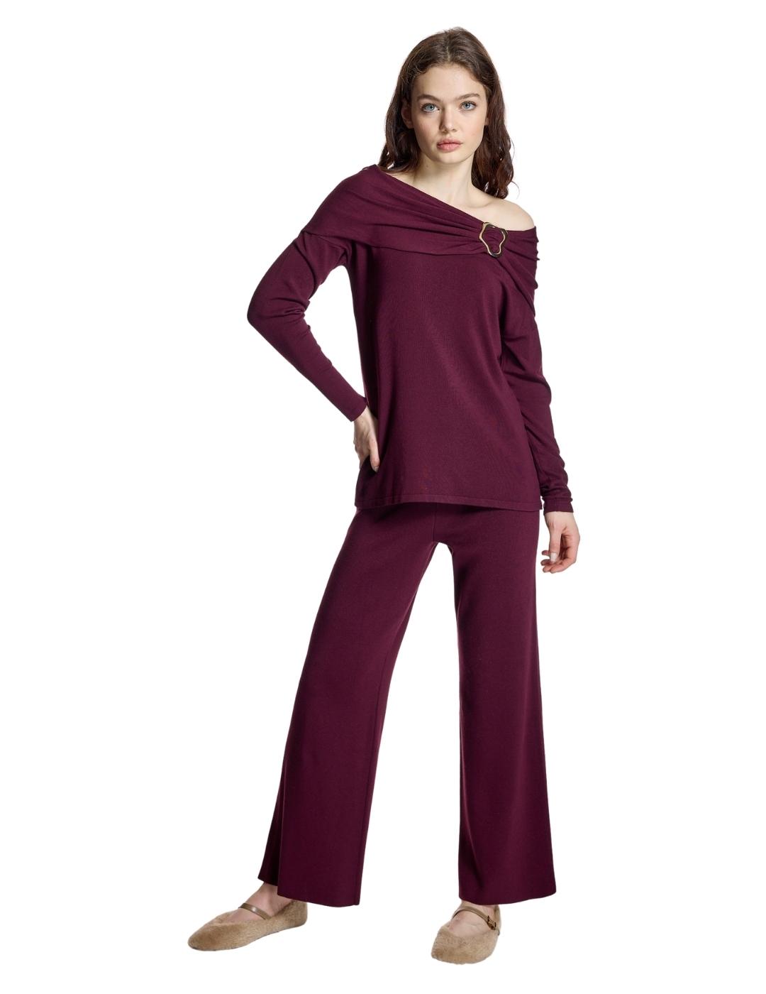 Alba Conde Pantalón Punto Burdeos
