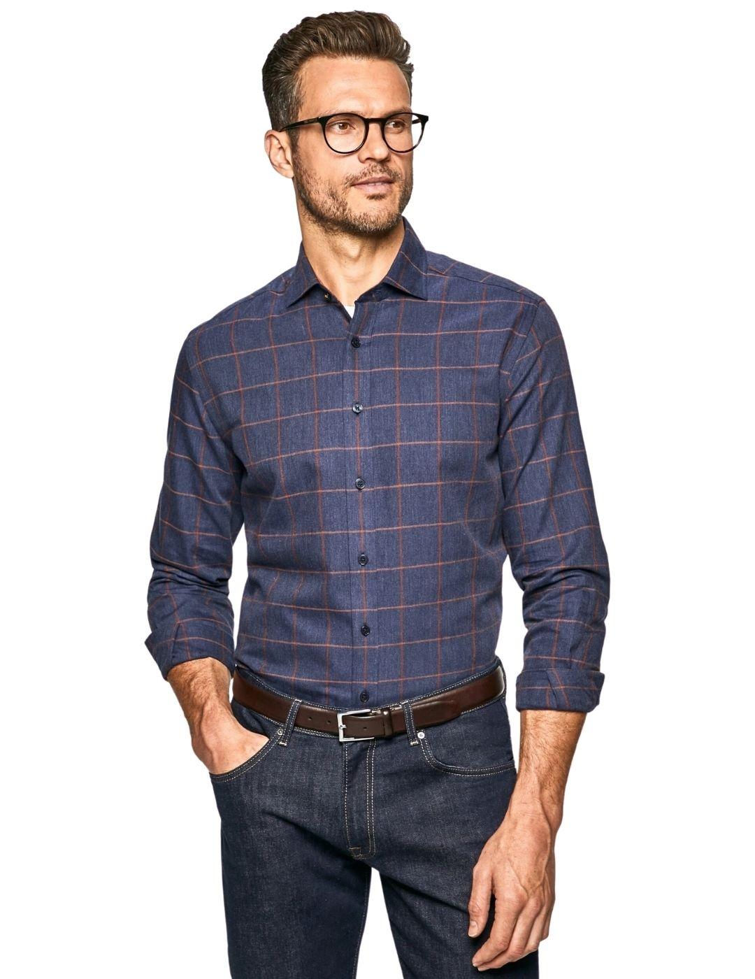 Camisa Hackett Marino Cuadros Naranja Para Hombre