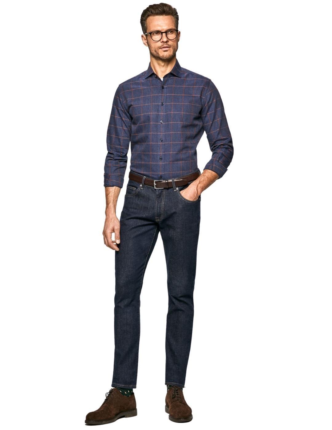 Camisa Hackett Marino Cuadros Naranja Para Hombre