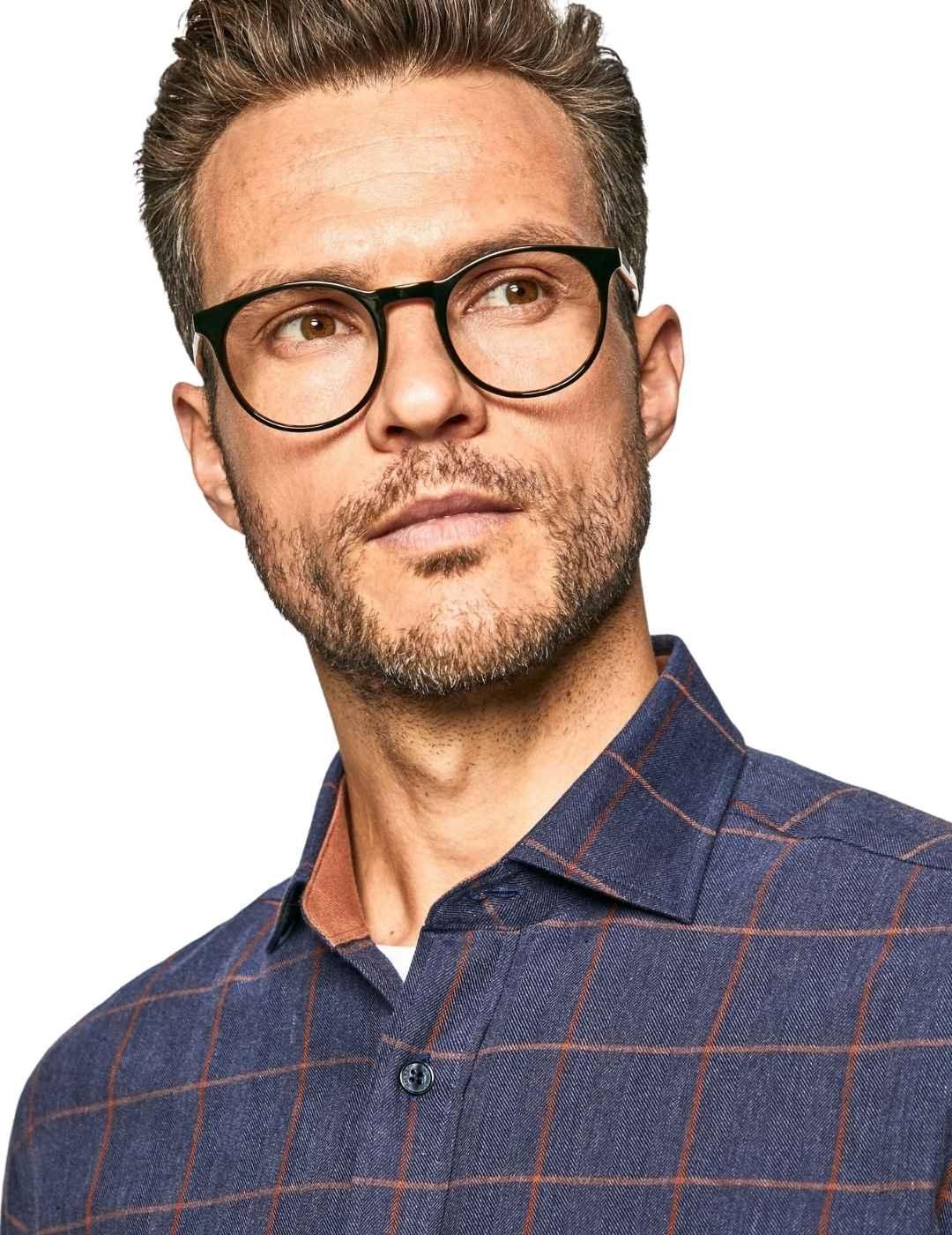 Camisa Hackett Marino Cuadros Naranja Para Hombre