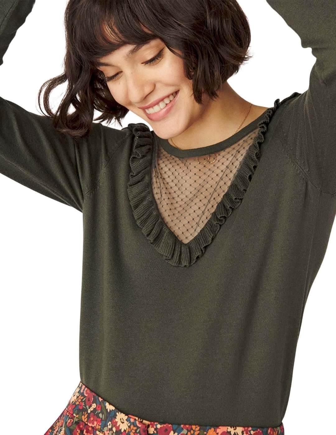 Jersey Naf Naf Verde Con Plumeti Para Mujer