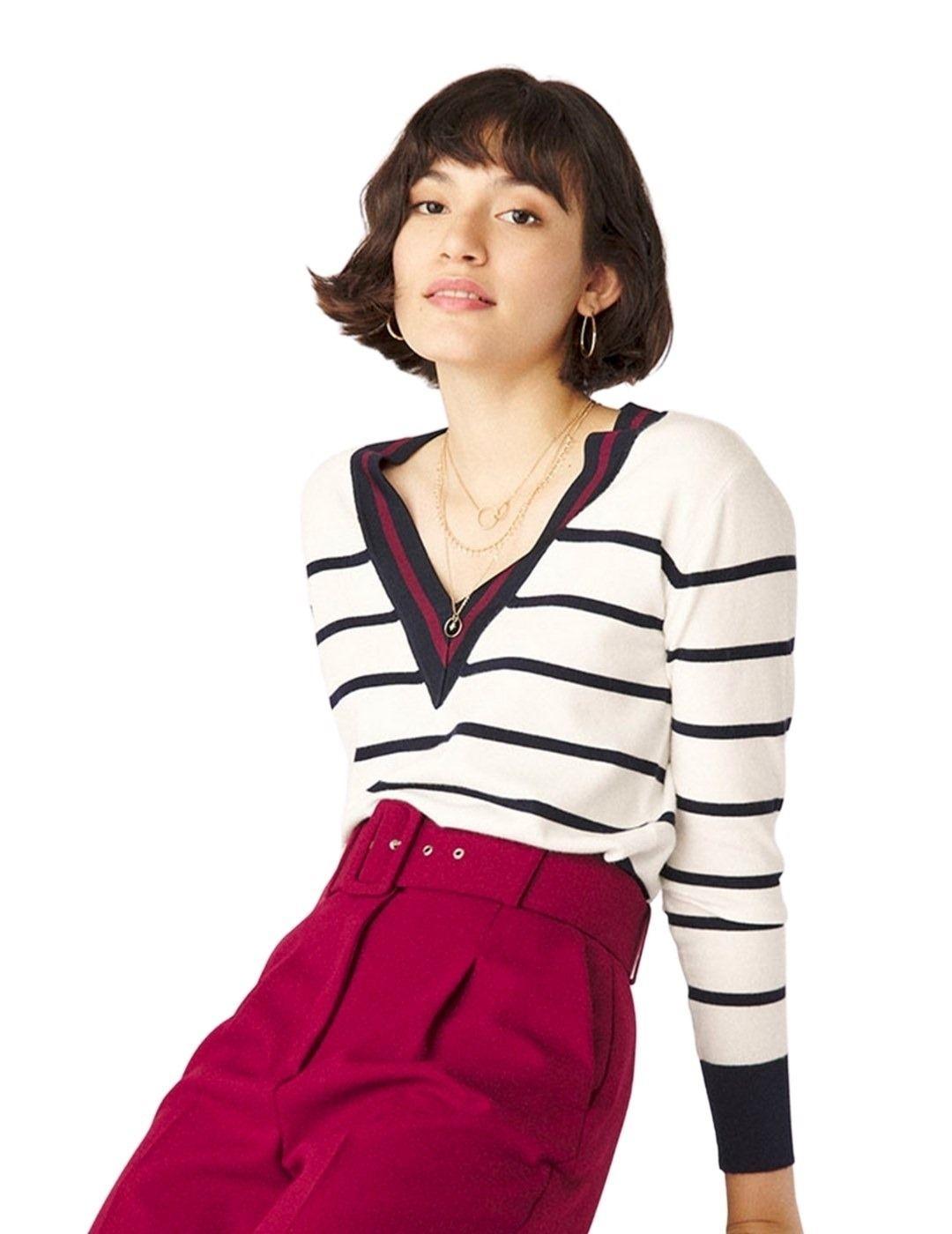 Jersey Naf Naf Rayas Blanco y Azul Para Mujer