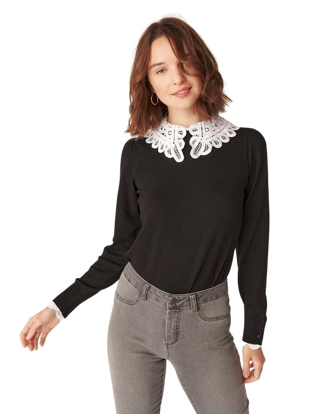 Jersey Naf Naf Negro Cuello Encaje Para Mujer